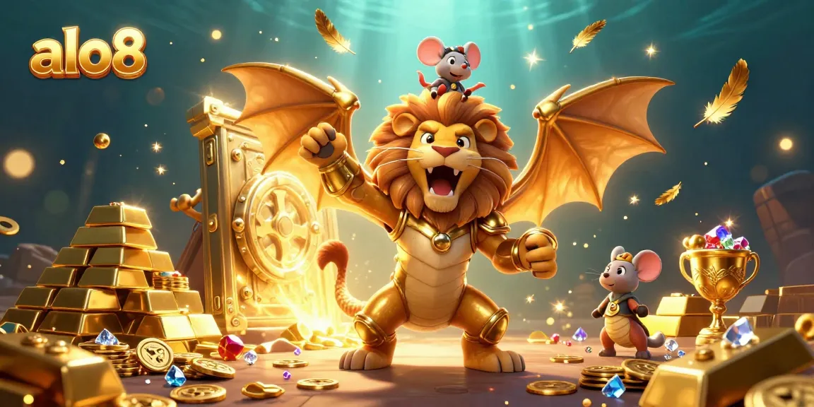 Play exciting games at alo8, highlighted by a majestic chimera and floating treasures.