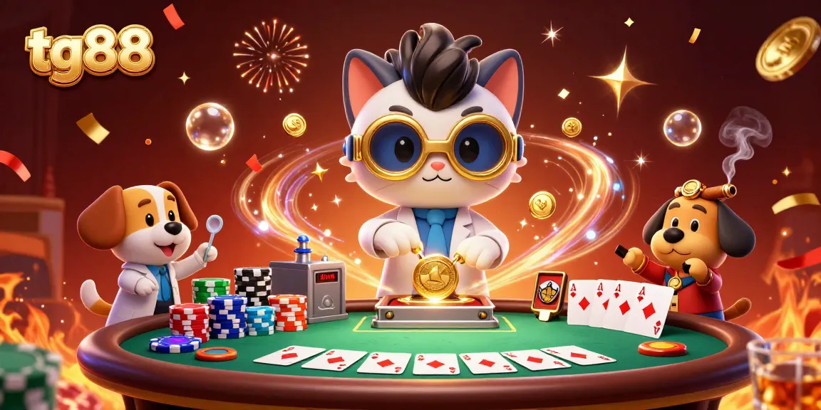 Elevate your gaming with tg88's vibrant casino scene, featuring poker excitement and a mad scientist.