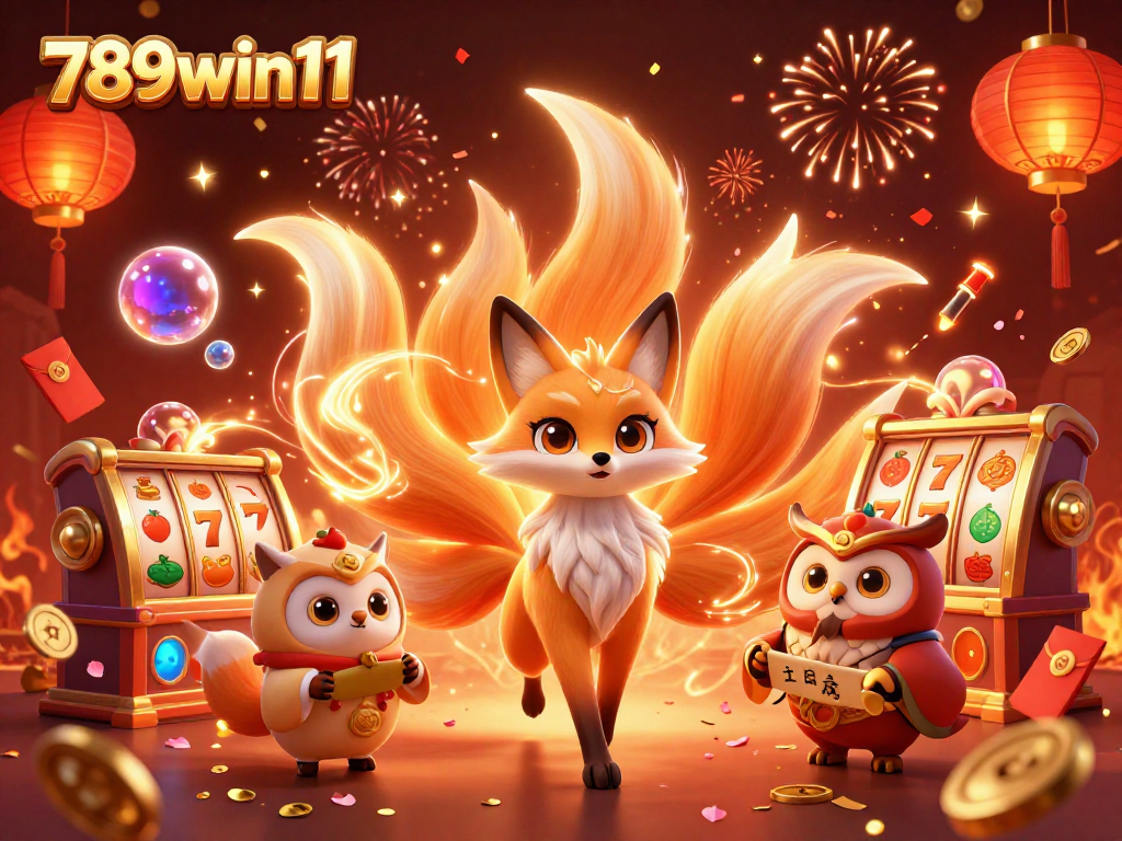 Experience the thrill of 789win11 with a vibrant scene featuring a nine-tailed fox and slot machines.