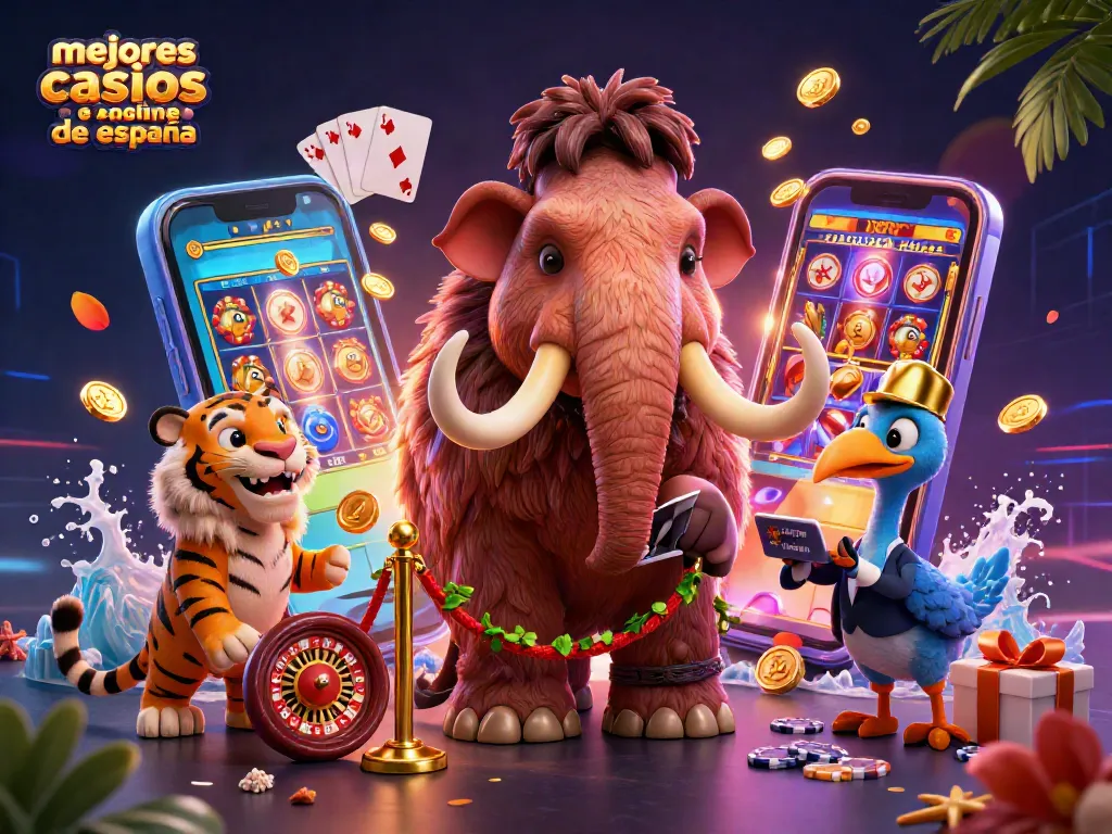 Explora los mejores casinos online de España mientras un mamut lanza monedas de oro.