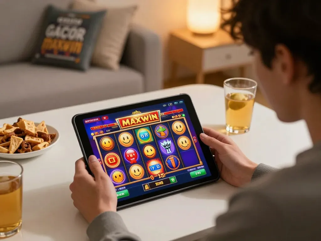 Player enjoying a vibrant slot gacor maxwin game interface on tablet in cozy home setting.