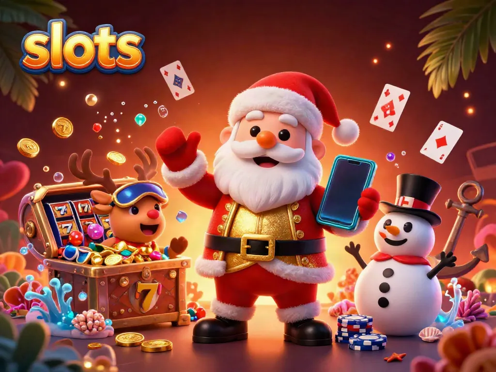 Experience thrilling slots action in a vibrant casino scene with Santa and friends.