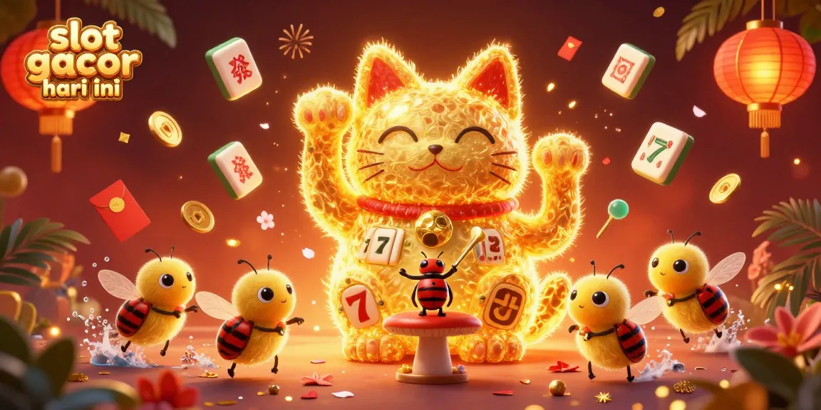 Experience the thrill of slot gacor hari ini as golden fireflies form a lucky cat in a vibrant casino scene filled with dynamic elements.