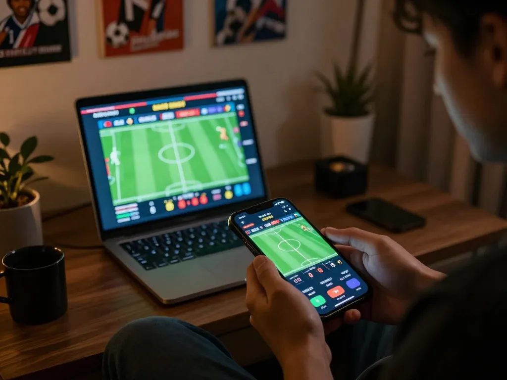 Engaging mobile betting experience showcasing kết quả bóng đá on a smartphone with cozy setup.
