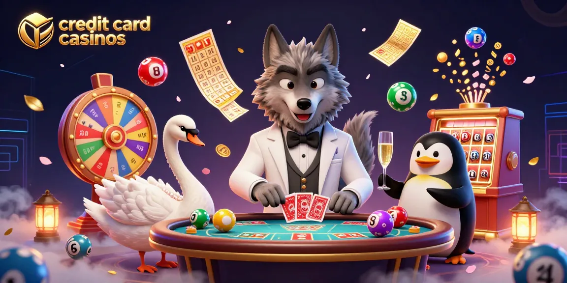Engaging scene of credit card casinos featuring a debonair wolf at baccarat table with a swan and penguin, surrounded by dynamic game elements.