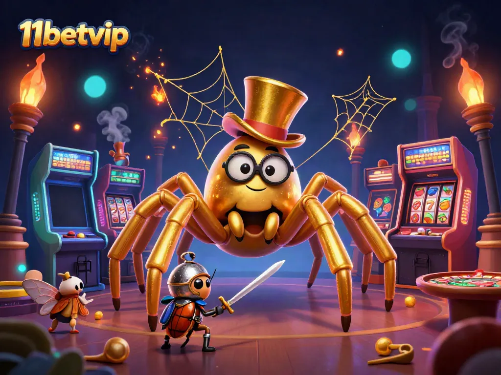 11betvip's vibrant casino scene with a golden tarantula and beetle knight among slot machines