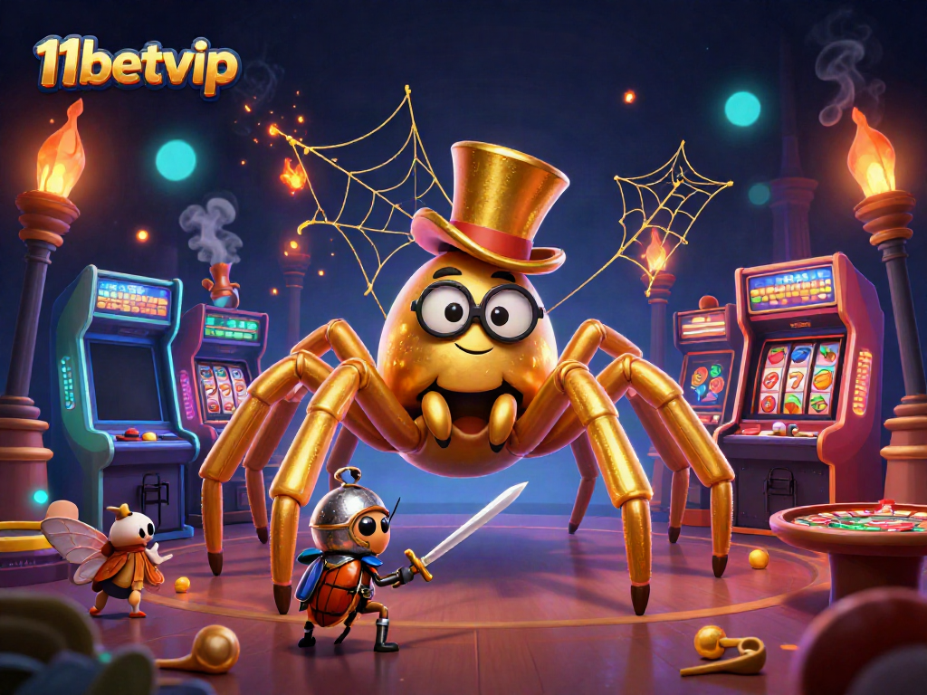 11betvip's vibrant casino scene with a golden tarantula and beetle knight among slot machines