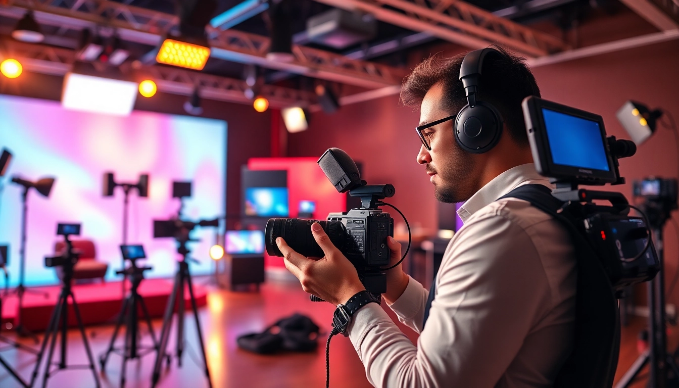 Professional Video Production setup showcasing a videographer adjusting equipment in a vibrant studio.