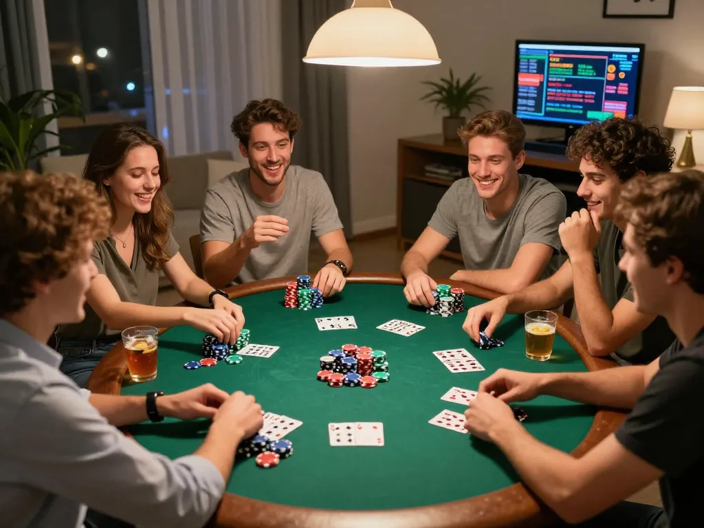 Friends enjoy an exciting home poker game while using the MB66 online platform for entertainment.