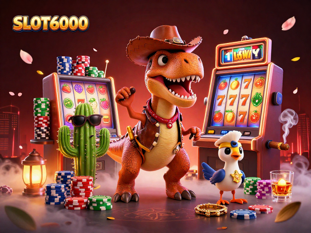 SLOT6000 showcases a lively scene with a T-Rex cowboy and slot machine bursting with vibrant symbols.