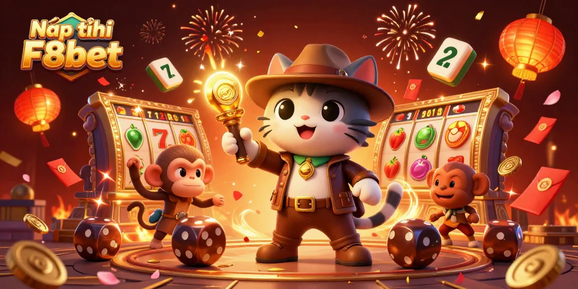 Nạp tiền F8bet with a cartoon archaeologist cat discovering a casino artifact surrounded by vibrant game elements.