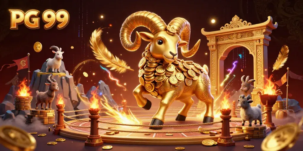 Experience PG 99’s thrilling gambling adventures with a dynamic golden ram illustration.