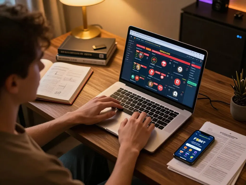 Person placing bets on F8bet through laptop while enjoying a cozy gaming environment.