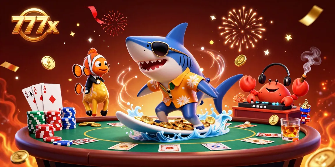 Surf the wave of gold coins with 777x casino adventures in this vibrant 3D illustration.