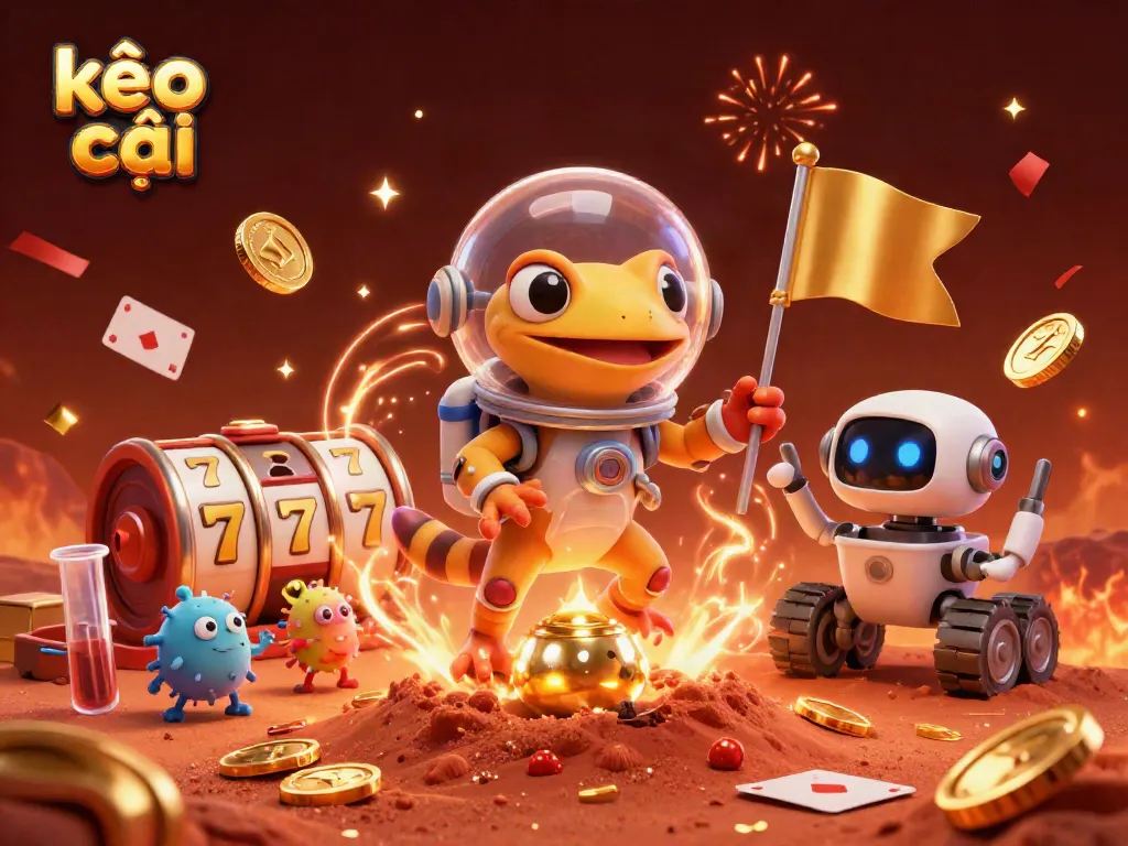Experience the excitement of kèo nhà cái with a game-driven scene featuring a Martian gecko discovering casino treasures.