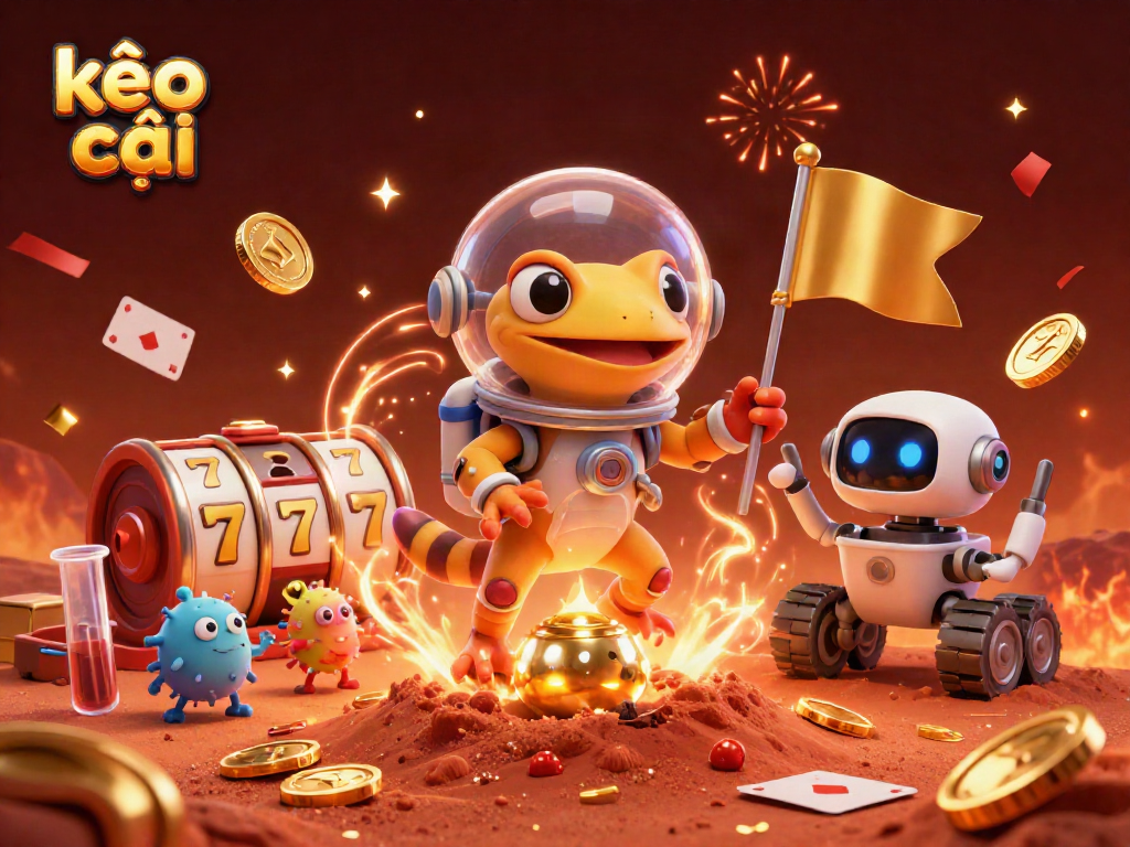 Experience the excitement of kèo nhà cái with a game-driven scene featuring a Martian gecko discovering casino treasures.
