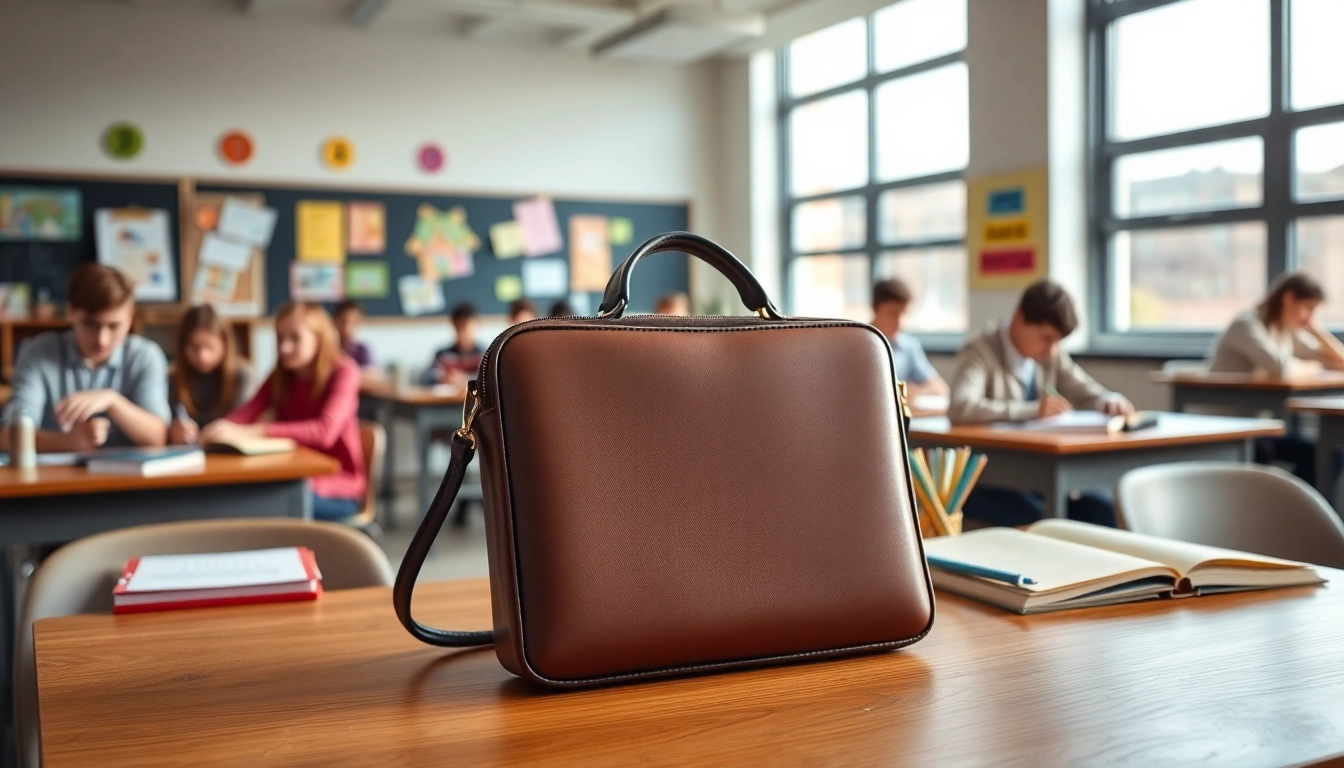 Handytasche Klassenzimmer auf einem Schreibtisch in einer hellen Umgebung.