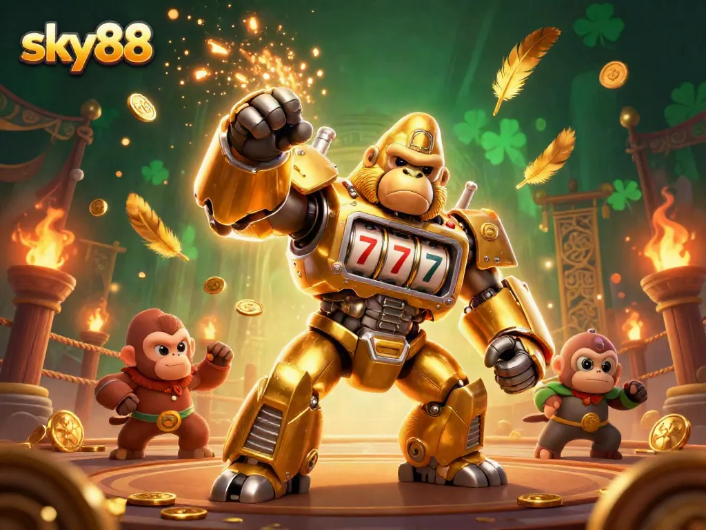 Experience thrilling wins at sky88 with an electrifying 3D transformative gorilla mech and vibrant casino elements.