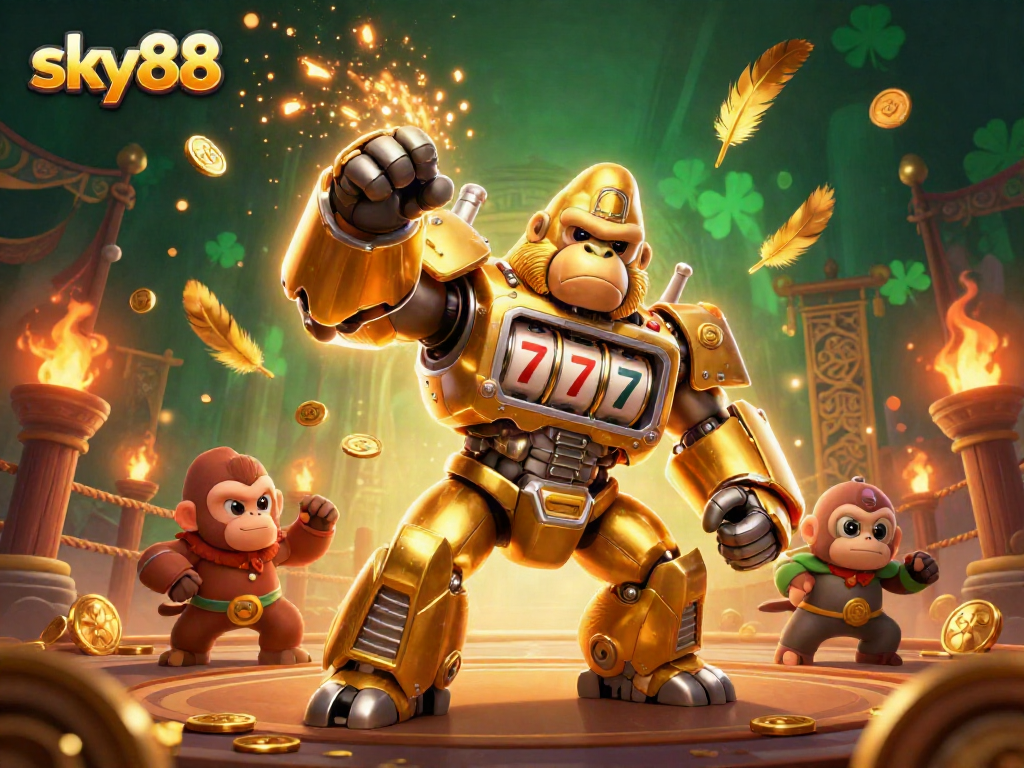 Experience thrilling wins at sky88 with an electrifying 3D transformative gorilla mech and vibrant casino elements.