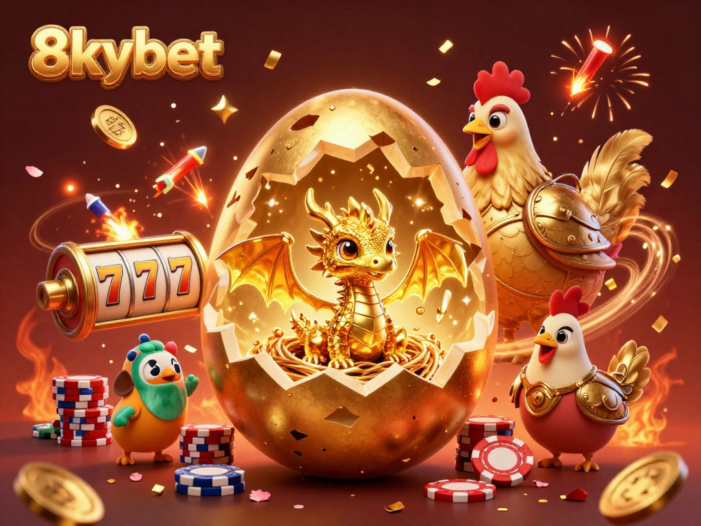 Play thrilling games at 8xbet with a golden dragon and festive casino elements surrounding it.