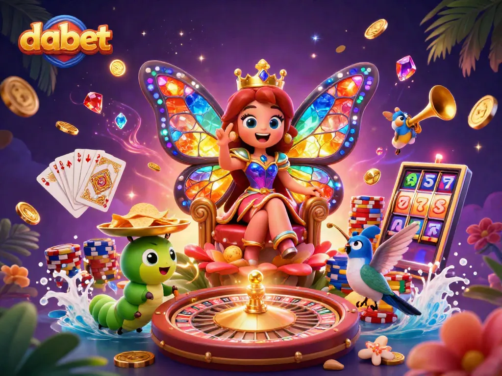 dabet illustrates a vibrant casino scene with a butterfly queen, sparkling chips, and colorful game elements.
