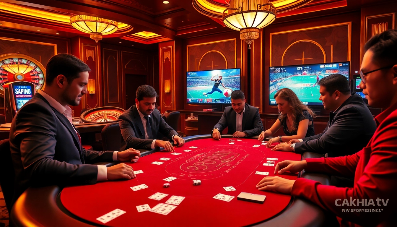 Engaged players at a high-stakes poker table, enjoying Cakhia TV live sports for ultimate excitement.