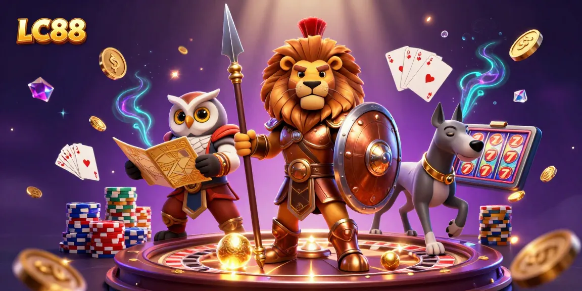 Experience excitement with LC88 as a Spartan lion leads a 3D casino adventure showcasing games and rewards.