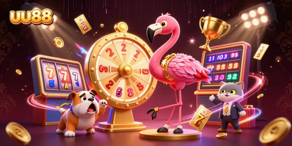 uu88 Casino excitement with a vibrant game show scene featuring a flamingo and bulldog