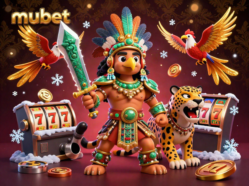 Mubet's exciting casino scene showcases Aztec warriors and vibrant slot elements.