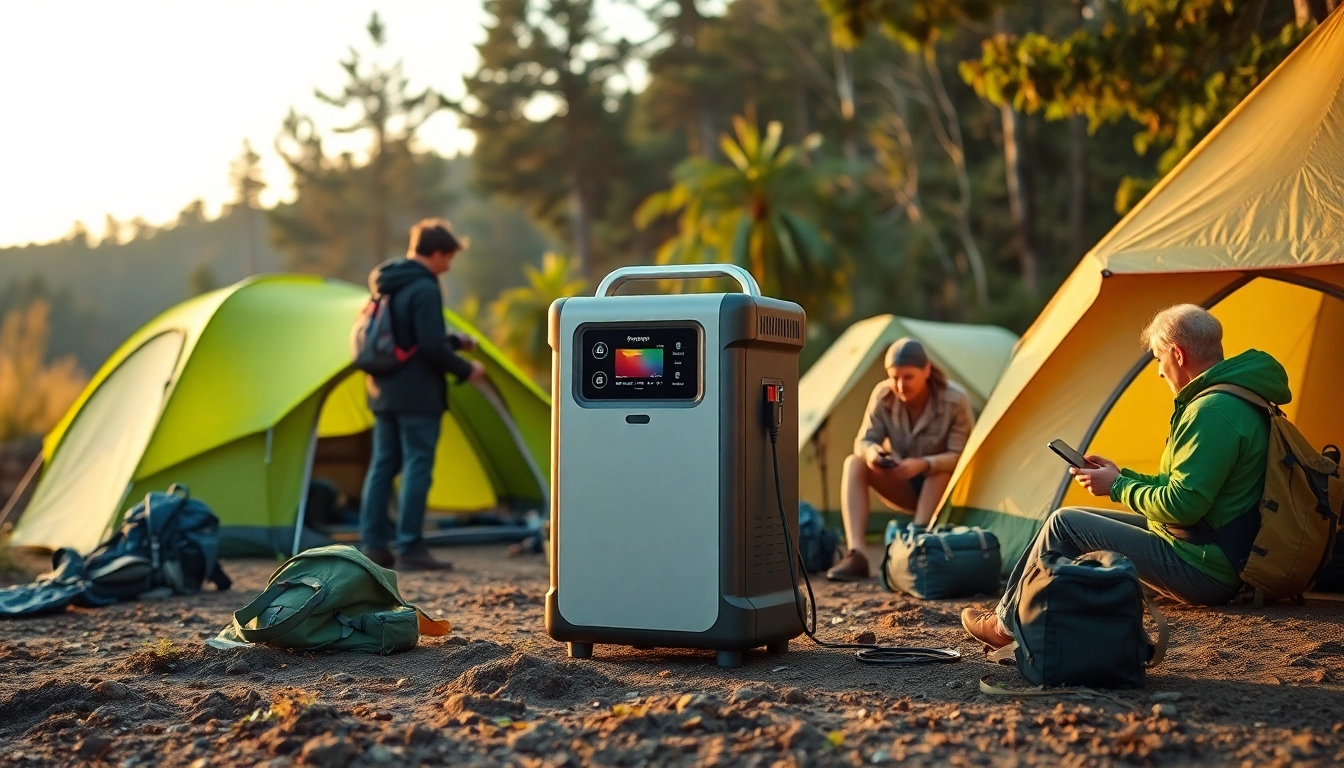 Power station EcoFlow providing energy to devices in an outdoor setting with people actively using it.