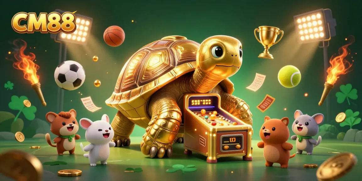 Experience CM88's thrilling gaming with a colossal golden tortoise as a pinball machine, vibrant sports elements, and excitement.