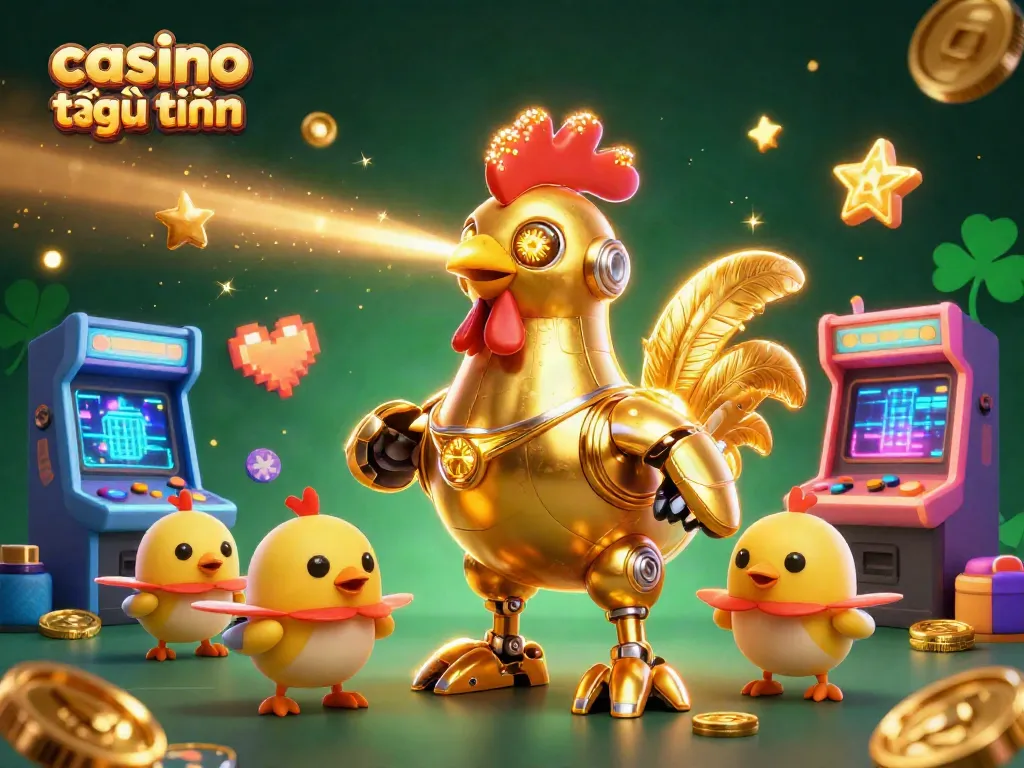 Khám phá casino trực tuyến tặng tiền với hình ảnh robot gà vàng và các máy game 3D đầy màu sắc.