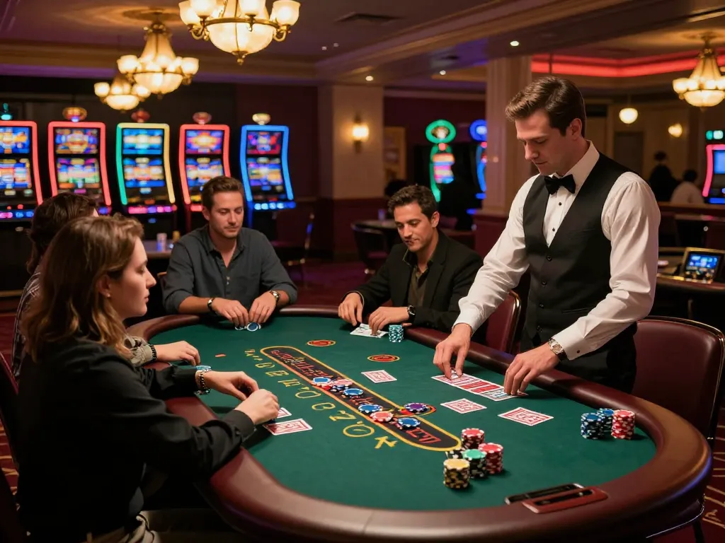 Players at a blackjack table enjoying a game at 79 king casino, vivid atmosphere, and lively action.