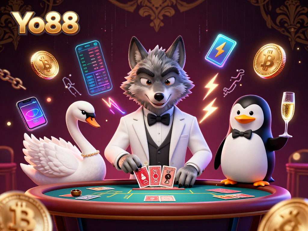 Experience the thrill of Yo88 with a vibrant 3D casino illustration featuring crypto coins.