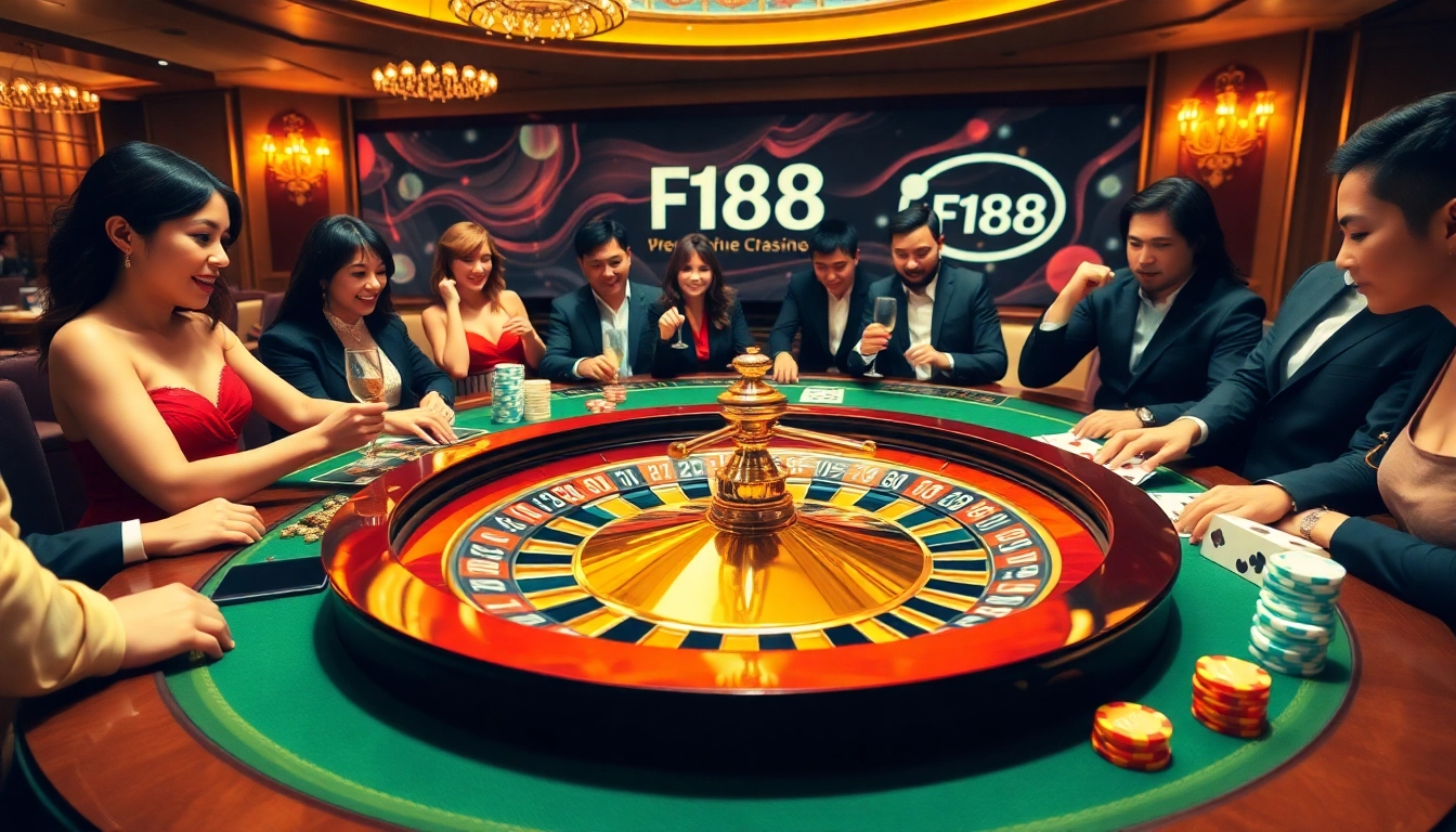 F168 casino scene with players excitedly betting at a roulette table.