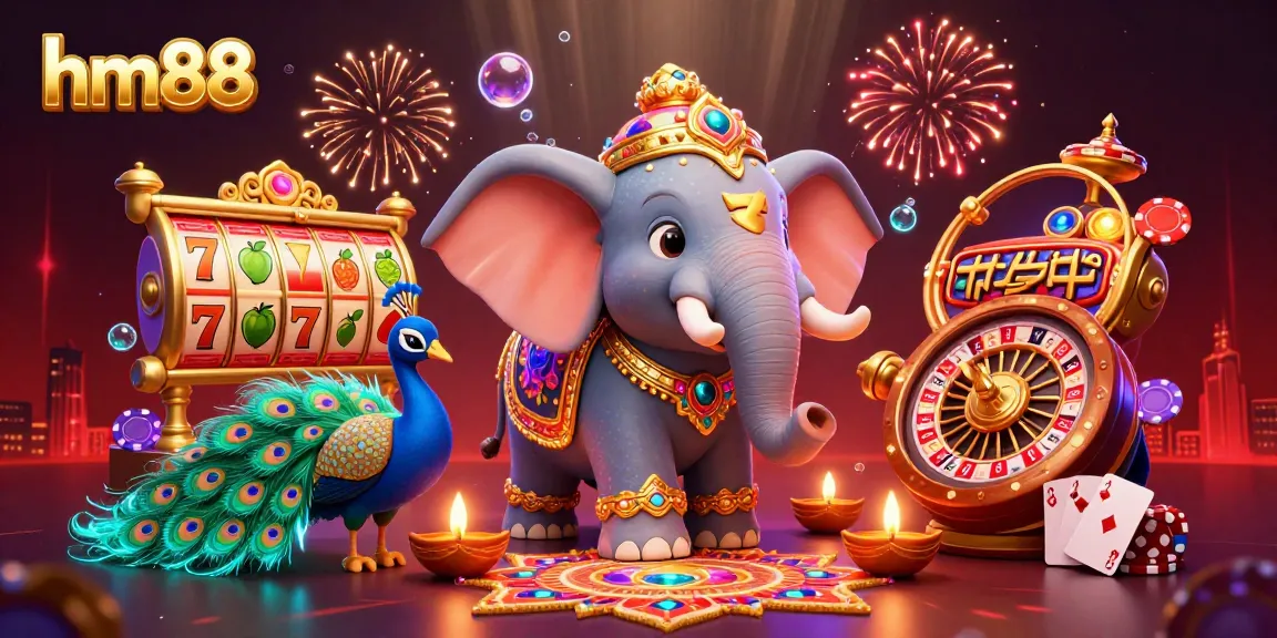 hm88 casino illustration showcasing an energetic scene with colorful characters and dynamic gaming elements.