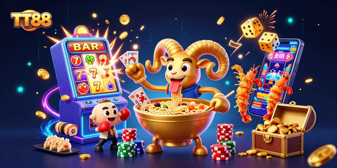 Experience thrilling games at TT88 with a dynamic casino scene featuring vibrant characters and jackpots.