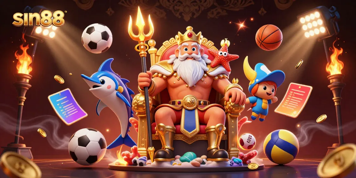 Experience thrilling gaming with sin88 featuring a vibrant illustration of sea king Neptune and dynamic sports elements.