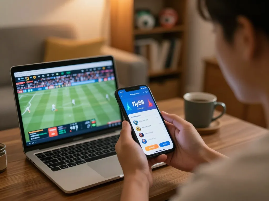 Engaging scene of person using fly88 đăng nhập on a smartphone during live sports betting