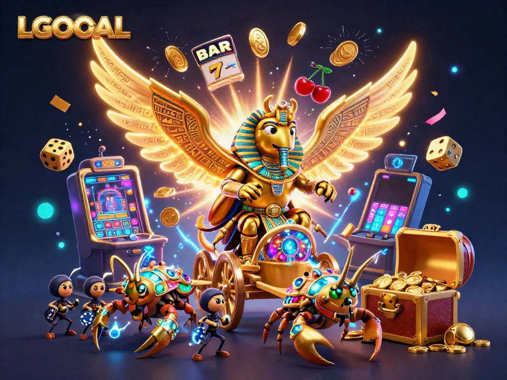 Engage with LGOGOAL's vibrant casino adventure featuring a golden scarab beetle, winning symbols, and jackpots.