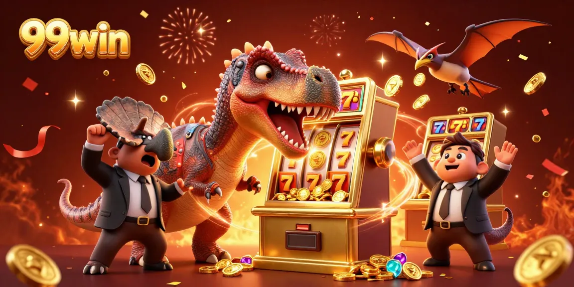 99win casino scene featuring a dinosaur hitting a slot machine for jackpot coins