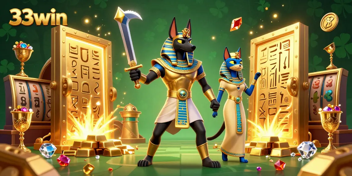 Engage in thrilling gameplay at 33win as Anubis and Bastet bring luck with vibrant treasures and casino excitement.