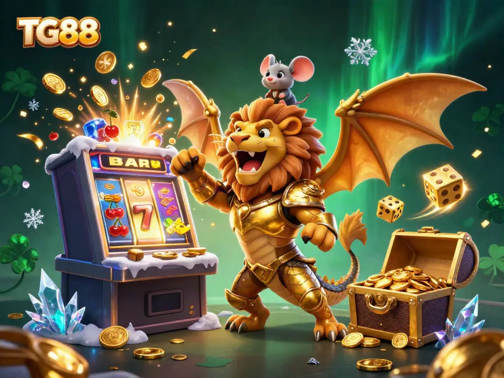 Engage with the excitement of TG88, featuring a mythical chimera in a golden armor, jackpot slot machines, and festive gambling symbols.