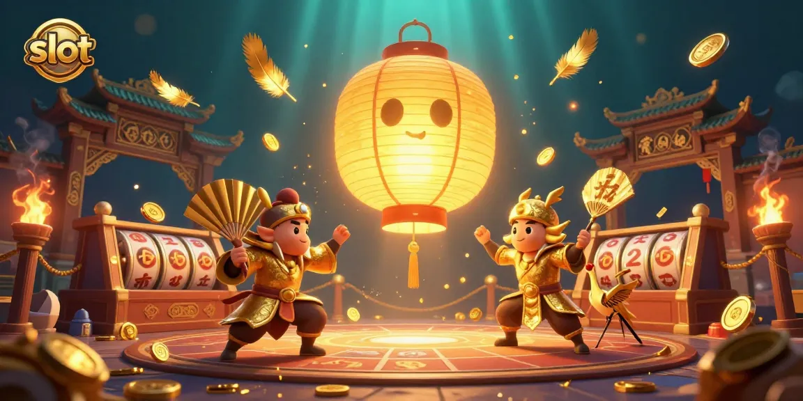 Spin the reels with a magical golden lantern spirit in this vibrant online slot illustration.