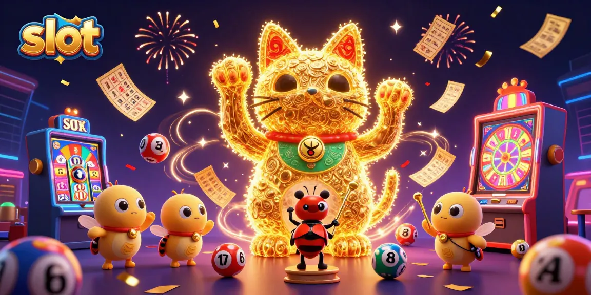 Experience thrilling slot gameplay with a vibrant illustration featuring a lucky cat and dynamic casino elements.
