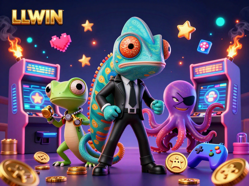 LLWIN showcases an ultra-detailed 3D scene with slots, vibrant characters, and casino elements.