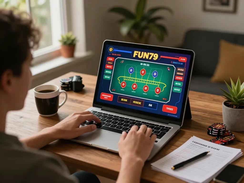 Engaging gameplay at FUN79 casino with live dealer blackjack on tablet at home.