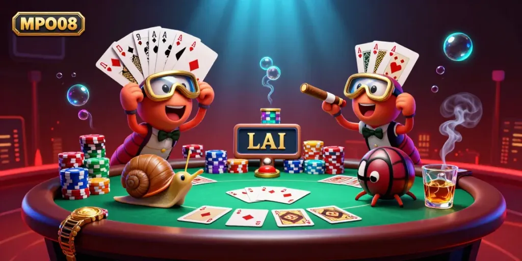 Engage with the vibrant MPO08 scene featuring cartoon millipede dealer and high-roller snail at a bustling poker game.