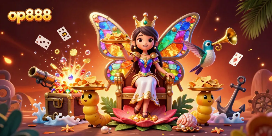 Experience the excitement of op888 with a vibrant 3D digital scene featuring a butterfly queen and treasure galore.