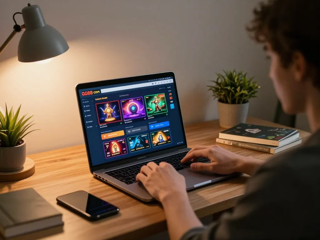 Engaging online gaming experience at GG88 com showcasing a home setup with a player using a laptop
